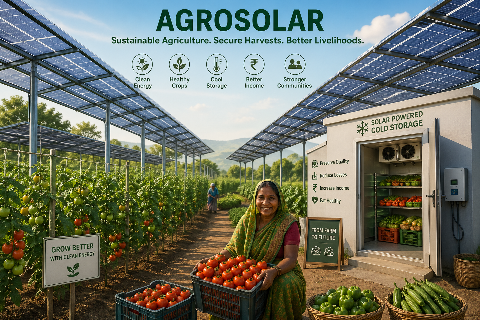 Solar-powered cold storage refrigerator preserving farm produce
