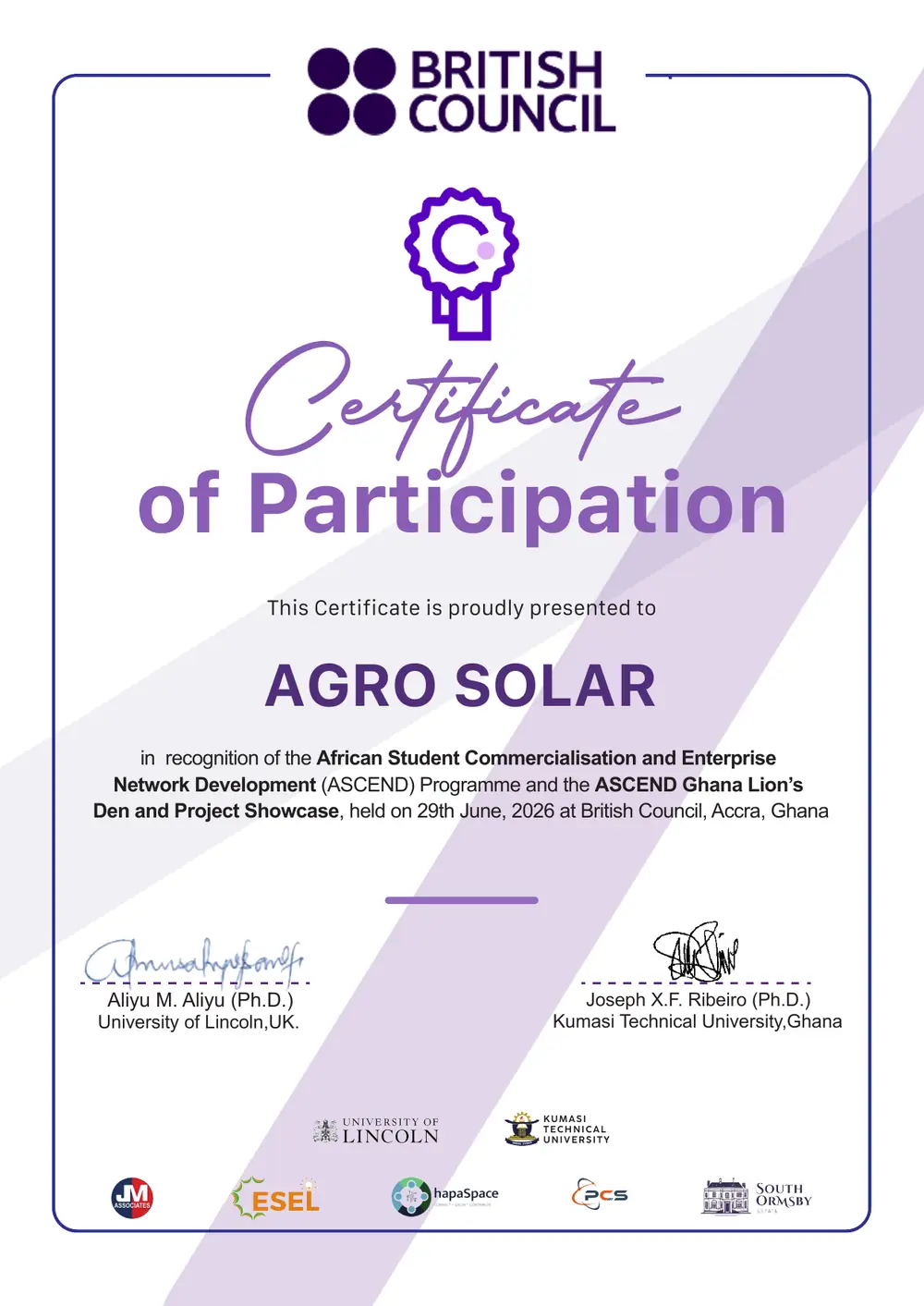 Certificate of Participation presented to AgroSolar for the ASCEND Programme and the ASCEND Ghana Lion's Den and Project Showcase, held on 29 June 2026 at the British Council, Accra, Ghana.